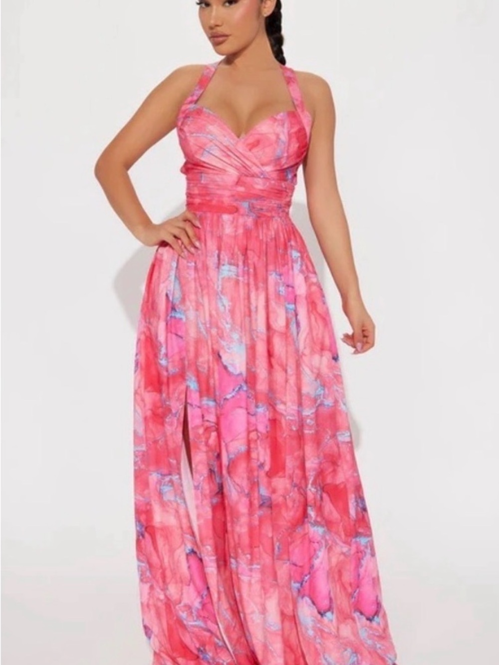 Pink Marble Halter Maxi Dress vacation summer bright adjustable straps